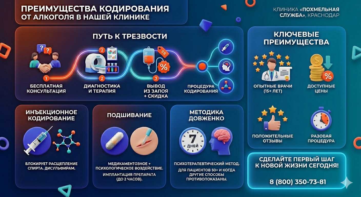Инфографика о методах кодирования от алкоголя в Нурлате: инъекции, подшивание, метод Довженко. Преимущества клиники и этапы лечения.