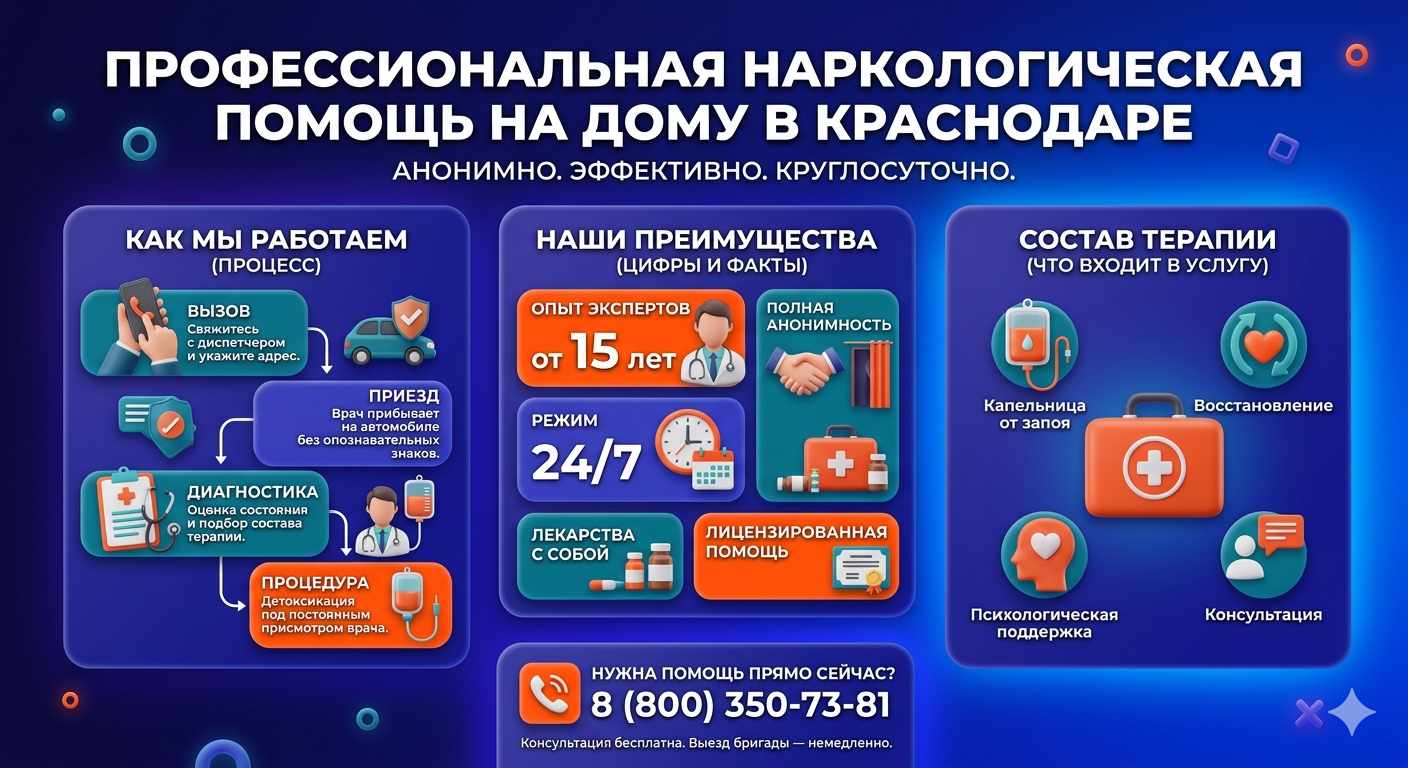Инфографика о принципах лечения алкоголизма на дому в Нурлате: этапы вызова нарколога, преимущества анонимной детоксикации и состав медицинской помощи.